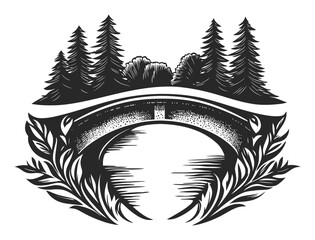 Vintage Woodcut Style Bridge Surrounded by Nature and Trees