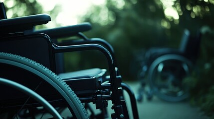 Fototapeta premium Close-Up of Wheelchairs on a Pathway Surrounded by Nature, Symbolizing Mobility and Independence for Individuals with Disabilities