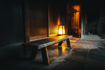 Cozy dark wood ryokan interior with low bench, warm lantern glow, and traditional sliding doors at night