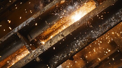 Welder fusing steel beams at a construction site. Featuring intense focus and bright sparks