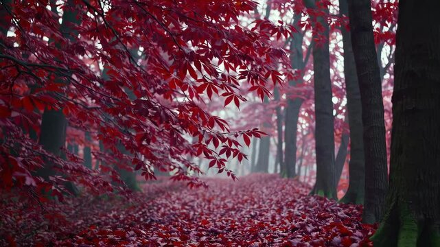 Enchanting red forest pathway in autumn mist: a calming journey through nature