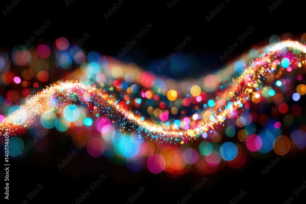 Poster a mesmerizing wave of vibrant bokeh lights, flowing across a dark background, creating a magical, ab