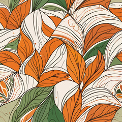 Vibrant Orange and Green Leaf Pattern Botanical Illustration