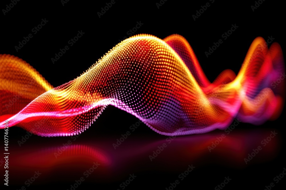 Poster abstract wave formed by glowing particles against a dark background, illuminating a smooth surface w