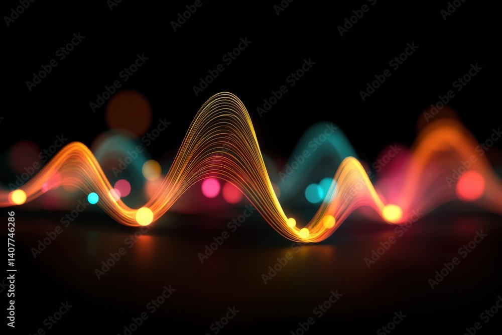 Poster an abstract image with waves of flowing light, bright glowing lines forming a dynamic pattern agains