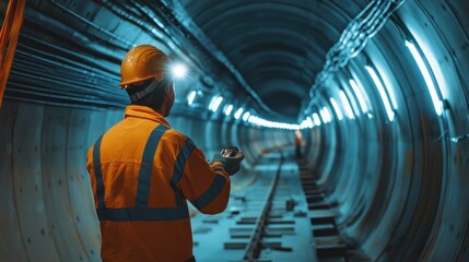 Tunnel construction specialist inspecting support beams in an underground project. Featuring expertise and safety