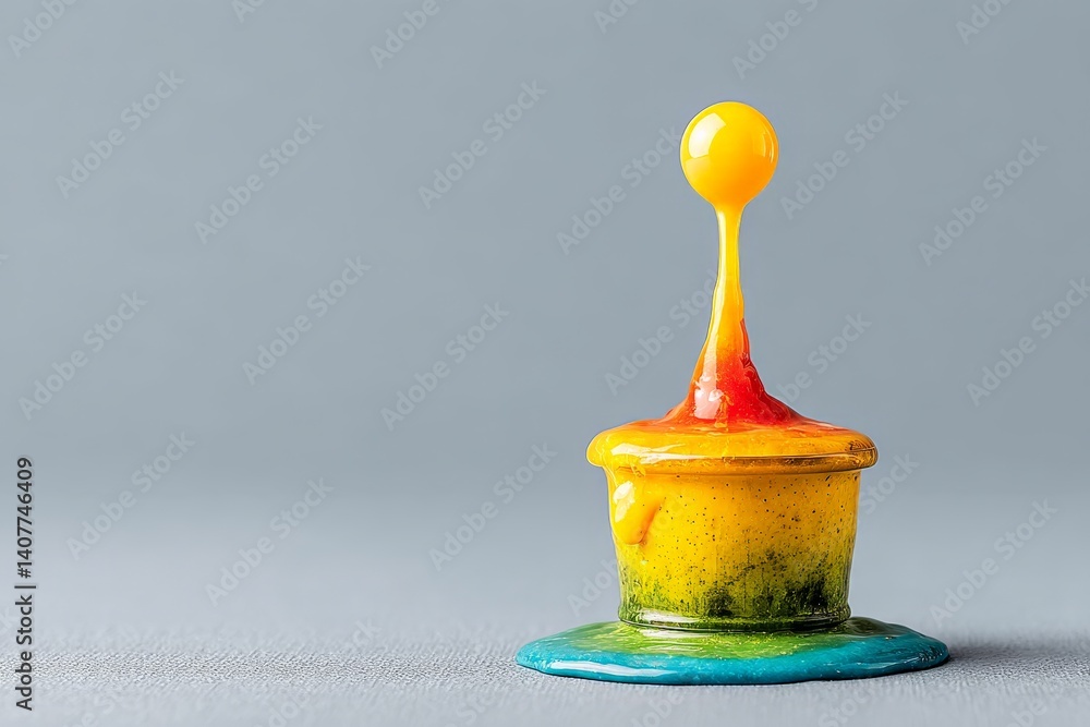 Poster colorful paint droplet rises from container creating vibrant artistic display in studio setting