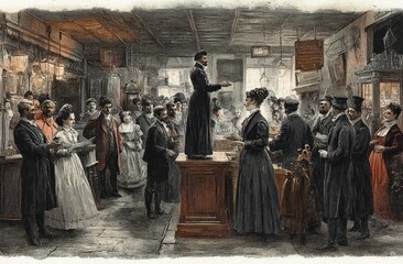 Naklejka premium Victorian Era Indoor Market Scene with Central Figure and Animated Crowd Discussions