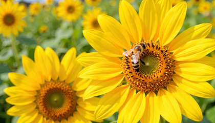 Obraz premium Bee Pollinating Sunflower in a Bright Field 