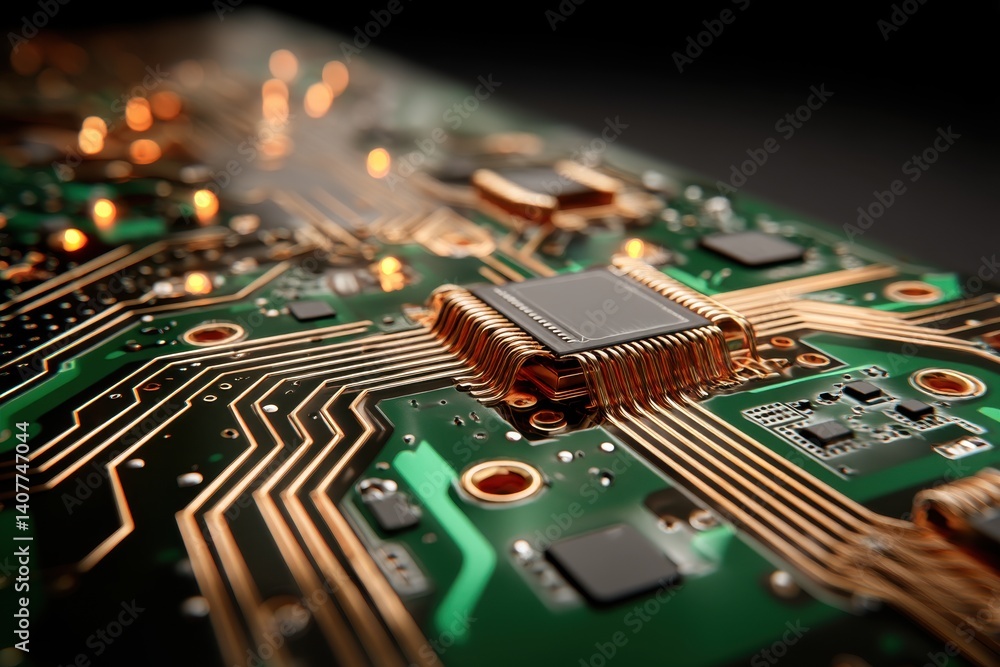 Poster an intricate macro shot of a modern circuit board, showcasing its complex design and technological a