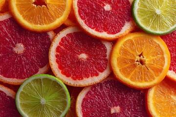 Fototapeta premium A vibrant close-up of assorted citrus slices, highlighting the textures and colors of oranges, grapefruits, and limes, creating a fresh and juicy visual delight.