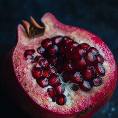 The detail of an open pomegranate on the black background