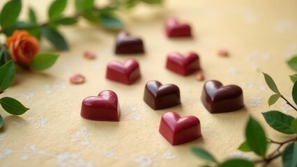Fototapeta premium Heart-shaped chocolates arranged artfully amongst greenery and a delicate blossom, a romantic confectionery scene.