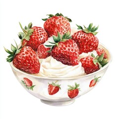 Watercolor Painting of Red Strawberries and Creamy Whipped Cream in a White Bowl