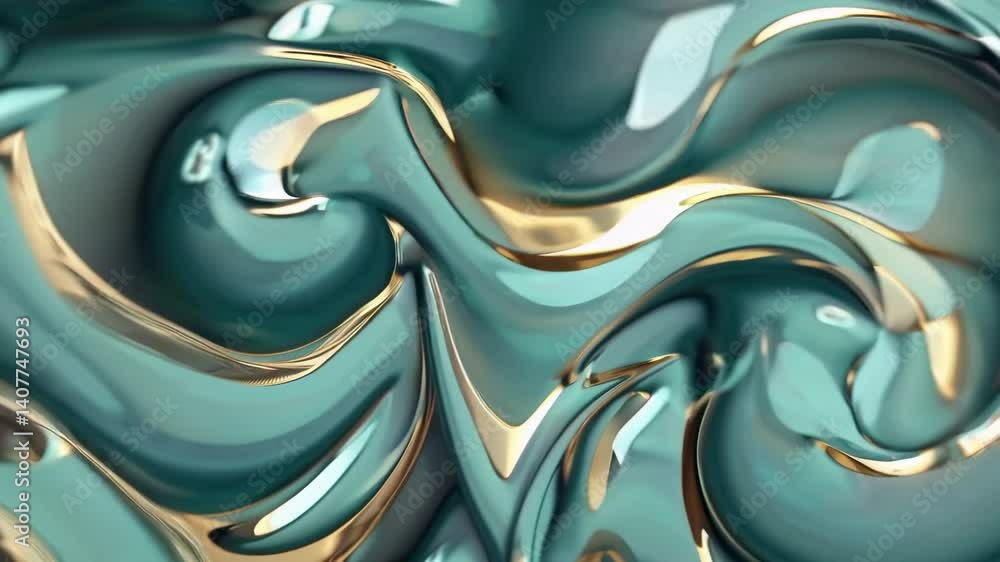 Poster dynamic metallic liquid flowing in abstract metallic surface pattern with turquoise and gold accents