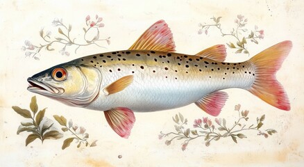 Fototapeta premium Realistic Illustration of Atlantic Cod Fish Side View with Silvery Dotted Skin Vintage Botanical Art