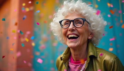 An exuberant elderly woman with curly white hair and stylish glasses beams with joy as vibrant confetti rains down around her. This lively scene captures the essence of celebration and happiness