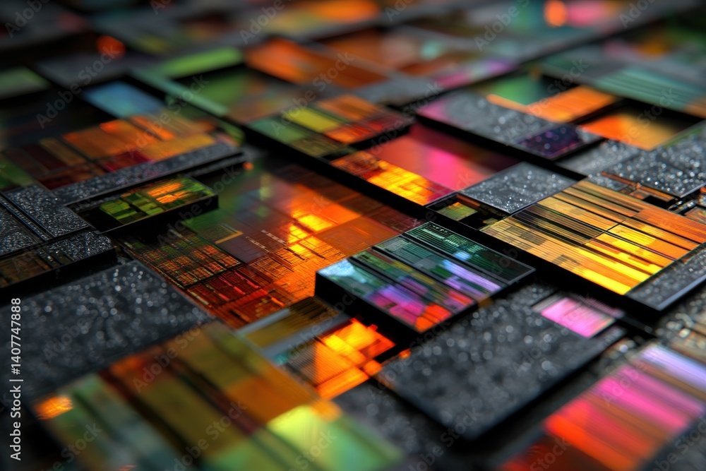 Poster a close-up abstract of silicon wafers creates an intricate colorful landscape with textures, reflect