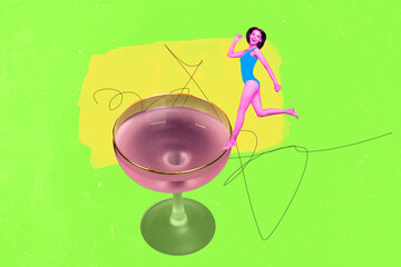 Trend artwork composite banner 3D photo collage of young lady walk cocktail smile holiday relax...