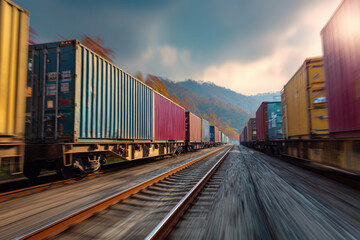 Obraz premium Freight train carrying colorful shipping containers speeds through scenic mountain landscape