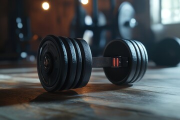 Heavy dumbbell on wooden gym floor with weights in a well-lit fitness space