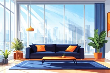 Stylish home living room interior with a couch, dining table, and panoramic window showcasing modern design