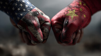 Two fists painted with flags of United States and China touch at knuckles, symbolizing conflict or unity