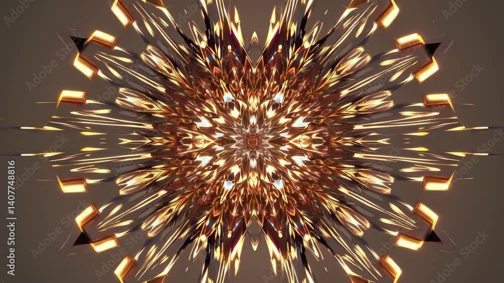 Poster dynamic kaleidoscopic light burst with symmetrical gold patterns in motion