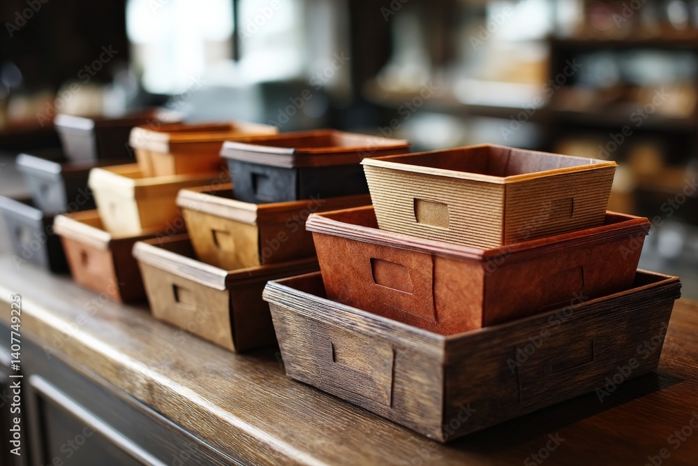 Poster stacked wooden baskets of various colors displayed on a rustic table in a cozy interior setting