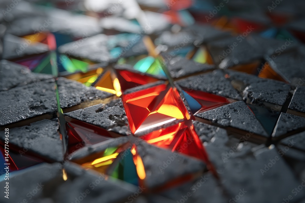 Poster an abstract close-up of colorful triangular glass elements set in textured concrete, creating a mode