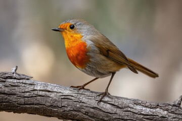Fototapeta premium Vibrant Eurasian Robin with orange-red throat perched on textured wooden branch in soft natural lighting.
