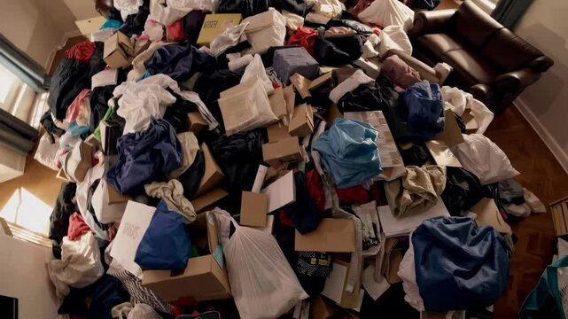 Timelapse transformation: living room overwhelmed by piles of clothes and boxes