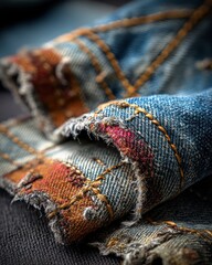 textured decay vibes Close-up View of Worn Denim Fabric and Stitching gritty denim detail
