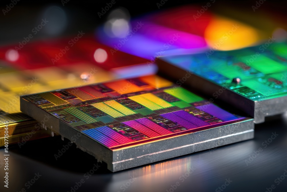 Poster a close-up shot of multi-colored computer chips with intricate details, highlighting the advanced te