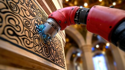 Fototapeta premium Robotic arm painting intricate design on wooden wall in cathedral