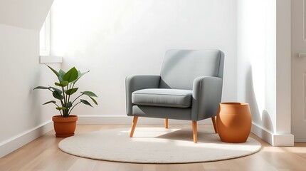 Fototapeta premium Cozy Minimalist Living Corner with Modern Armchair and Indoor Plants
