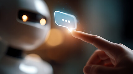 A futuristic human interacts with a sleek, intelligent AI chatbot through a touch interface, signaling the dawn of advanced communication.