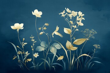 Botanical illustration of golden flowers against a dark blue background showcasing delicate details and textures in nature