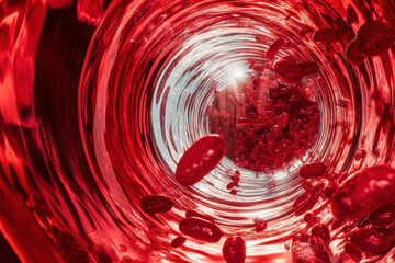 Red blood cells moving in the flow into vessel, close up view from inside, medical science background. Abstract vascular plaque flowing through cross section veins or artery of human body.
