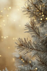 Frosted Pine Tree Branches Close-up with Golden Bokeh Lights Festive Winter Holiday Season