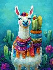 Whimsical Llama with Cactus in Vibrant Folk Art Style