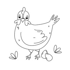 cute cartoon character hand drawn black and white hen and easter eggs in the meadow funny vector illustration for coloring art
