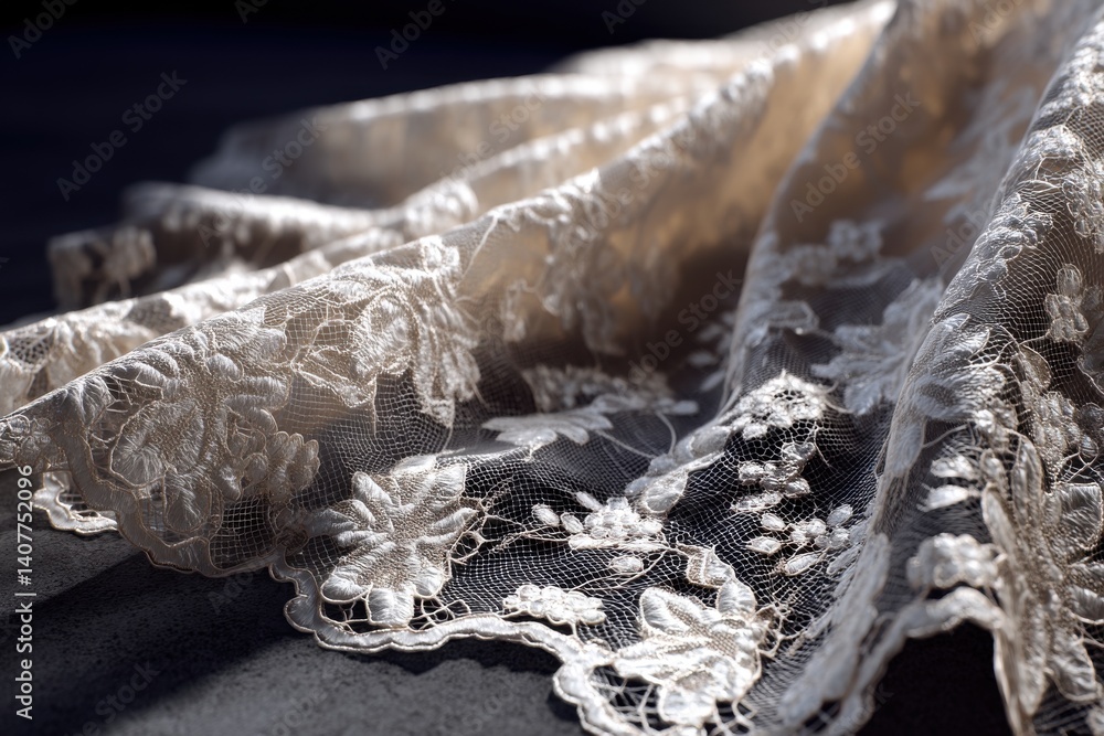 Poster an elegant close-up of delicate lace fabric with intricate floral patterns, draped gracefully over a