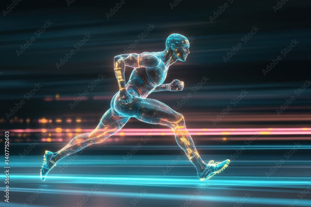 Poster futuristic runner in motion with glowing anatomy and dynamic background elements