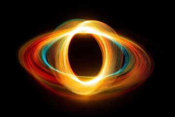 Naklejka premium Abstract light painting of colorful concentric circles on black background, a vibrant and dynamic display of glowing light trails that interweave and intersect.