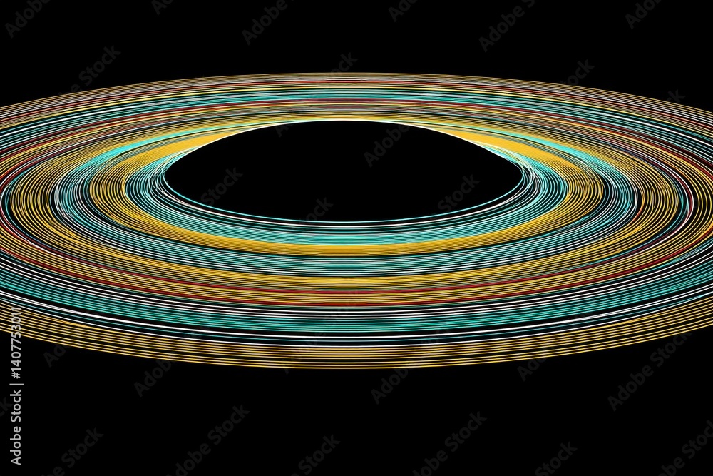 Poster abstract background with colorful circular lines on a black surface, representing dynamic movement a