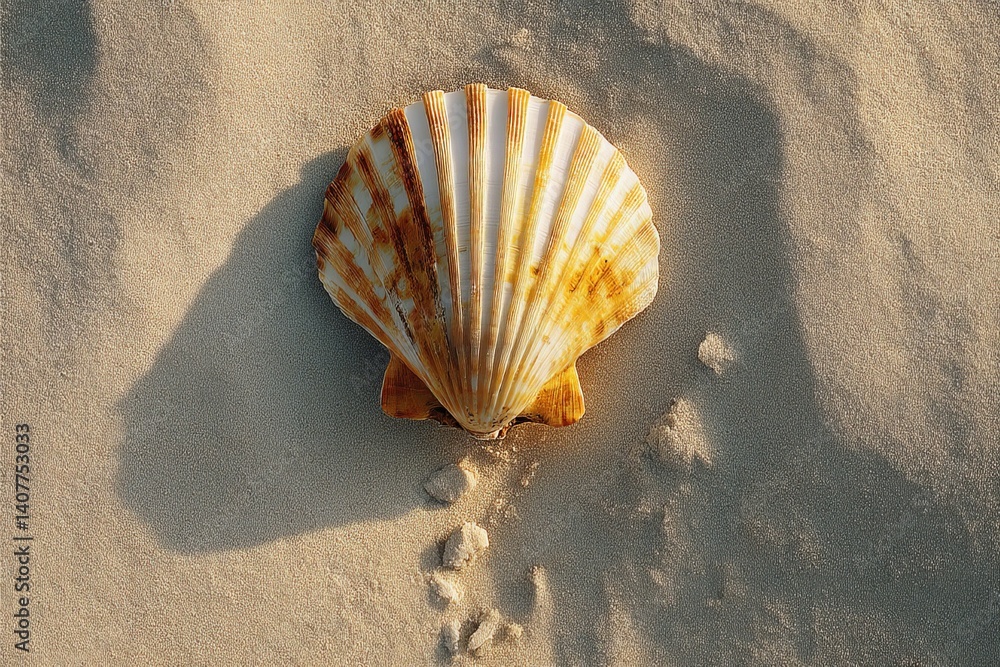 Poster beautiful seashell resting on sandy beach during golden hour with soft shadows creating a serene atm