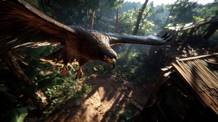 Obraz premium Eagle Soaring Over Jungle Ruins