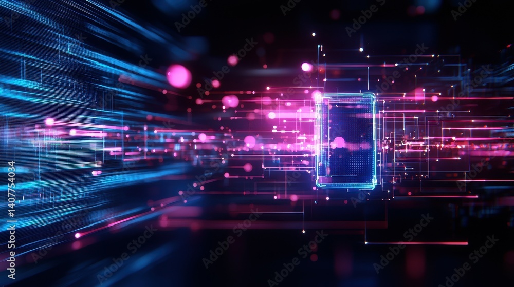 Poster futuristic digital interface with vibrant colors and moving data streams.
