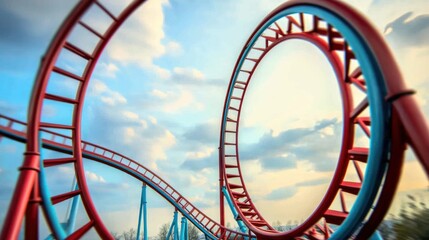 Roller coaster loop, outdoor amusement park, thrilling ride, vibrant colors, dramatic sky